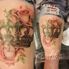 two pictures of tattoos with roses and crowns on them