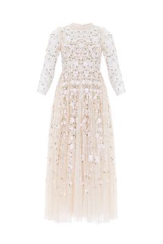 Camellia Ditsy Ankle Gown – Champagne | Needle & Thread How To Style A Maxi Dress, Needle And Thread Dresses, Design Your Own Shoes, Statement Skirt, Needle Thread, Feather Dress, Pastel Shades, Layered Skirt, Kaftan Dress