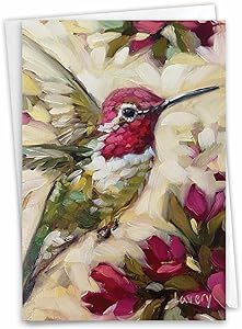 a painting of a hummingbird with pink flowers