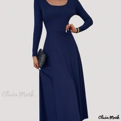 Olivia Mark - Elegant Long-Sleeve Belted Dress with a Rope Design Home Dress, Rope Design, Long Sleeve Midi, U Neck, Long Sleeve Midi Dress, Types Of Skirts, Cinched Waist, Belted Dress, Olivia Mark