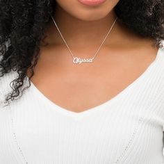 Polish off your favorite casual looks with this personalized name necklace. Crafted in sterling silver, this style features the name of your choosing - from two to 10 characters in length - sculpted in a bold cursive font. Buffed to a brilliant luster, this design suspends centered along a 16.0-inch rolo chain that secures with a spring-ring clasp. Customized Silver Name Necklace For Everyday Wear, Everyday Customized Silver Name Necklace, Everyday Name Necklace, Silver Nameplate Necklace For Everyday, Custom Name Silver Necklace For Everyday, Silver Custom Name Necklace For Everyday, Everyday Silver Nameplate Necklace, Everyday Silver Custom Name Necklace, Everyday Nameplate Name Necklace