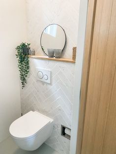 a white toilet sitting in a bathroom next to a wooden door with a mirror above it