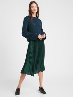 Satin Pleated Midi Skirt | Banana Republic Midi Skirt Y2k, Aline Midi Skirt, Satin Pleated Skirt, White Eyelet Skirt, Brocade Skirt, Midi Skirt With Pockets, White Striped Skirt, Jacquard Skirt, Striped Midi Skirt