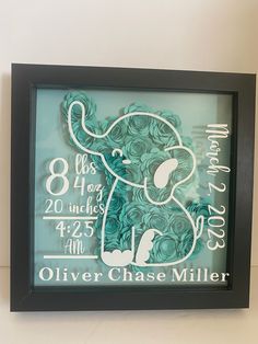 a framed sign with a baby's birth date and an elephant on the front