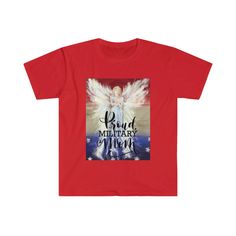 Proud military mom angel t-shirt. May the angels watch over every one of our American heros. Our original angel artwork with our signature modern calligraphy style!