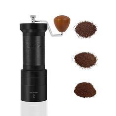 the coffee grinder is next to three different types of ground