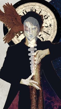 an illustration of a woman holding a skeleton in front of a clock with wings on her head