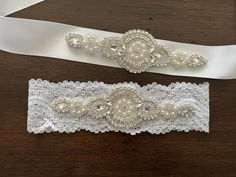 A white rhinestones & pearls baptism headband and baptism sash Pearl Headband