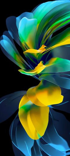 an abstract image of blue, yellow and green flowers on a black background with water reflection