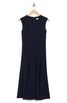 A timeless fit-and-flare silhouette makes this scuba crepe dress a perfect go-to for special occasions. 46 1/2" length Hidden back-zip closure Jewel neck Sleeveless Lined 66% polyester, 30% recycled polyester, 4% spandex Dry clean Imported Fit And Flare Dress With Back Zipper For Work, A-line Midi Dress With Back Zipper And Fitted Bodice, A-line Midi Dress With Fitted Bodice And Back Zipper, Fitted Sleeveless Crepe Dress, Formal Fit And Flare Dress With Flared Hem, Fitted Structured Crepe Dresses, Calvin Klein A-line Formal Dresses, Fitted A-line Midi Dress In Crepe, A-line Crepe Midi Dress For Work