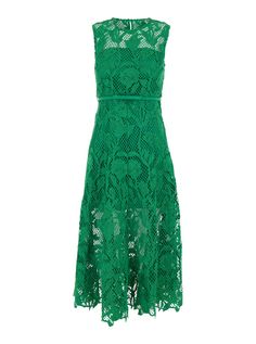 Midi dress U neckline Sleevless Rear closure Belted All-over embroideries Green Lace Regular fit Composition: Midi Green Dress, Elegant Midi Dresses, Self Portrait Dress, Versace Shop, Chic Party, Green Midi Dress, Lace Midi, Luxury Dress, Lace Embroidery