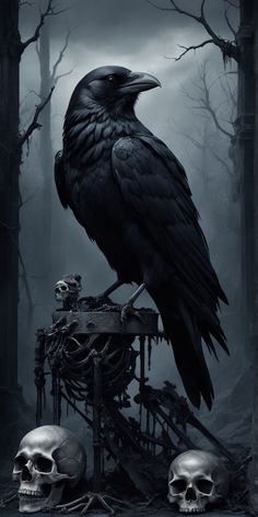 a black bird sitting on top of a pile of skulls