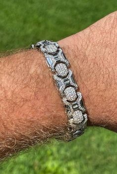 "Men's 13.5mm wide customized bracelet Truly unique one of a kind design! Available in 7\" or 8.5\" Secure interlocking clasp Heavy 37.5 grams (8.5\" weight) 12.5ct simulated diamonds (5A cz provides an amazingly super iced out shine Solid 925 silver Never fades or tarnishes Ships Fast!" Mens Silver Bracelets, Gents Bracelet, Customised Bracelets, Diamond Bracelet Design, Night Biking, Mens Bracelets, Cross Earrings Studs, Diamond Ice, Jewelry Drawing