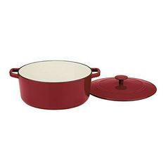 a red casserole with a lid is shown in front of a white background