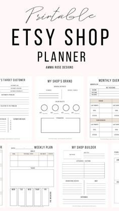 the etsy shop planner is shown in black and white