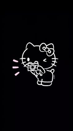 a drawing of a hello kitty holding a camera in the dark with its mouth open