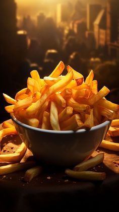 a bowl full of french fries sitting on top of a table