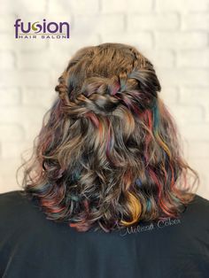 Rainbow Color Hair Ideas, Under Color Curly Hair, Curly Hair With Color Underneath, Curly Hair Color Ideas Peekaboo, Fun Curly Hair Color, Curly Hair Color Highlights, Rainbow Highlights Black Hair, Black Hair With Rainbow Peekaboo, Rainbow Highlights In Brown Hair