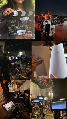 a collage of photos with people and video equipment in the foreground, one woman holding up a projector screen