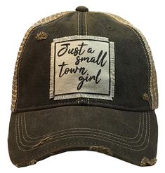 Details Vintage Distressed Trucker Cap "Just A Small Town Girl"Color: Black Distressed Material: Cotton/Polyester blend, Mesh backSize: One size fits most, with an adjustable snapback strap. Unisex cap. Ballcaps For Women Outfit, Cute Caps For Women, Distressed Adjustable Baseball Cap For Outdoor, Adjustable Distressed Baseball Cap For Outdoor, Trendy Distressed Adjustable Hat, Trendy Adjustable Distressed Hat, Distressed Casual Trucker Hat For Outdoor, Casual Distressed Trucker Hat For Outdoor, Distressed Black Snapback Baseball Cap