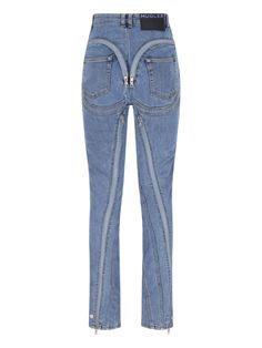 Mugler 'Zipped Spiral' jeans in light blue denim with high waist, five pockets, all-over zip detail, black logo patch on the back. Composition: 72% Cotton, 28% Elastomultiester Fitted Denim Blue Pants With Zipper Closure, Light Wash Jeans With Zipper For Streetwear, High-rise Jeans With Zipper For Streetwear, High Rise Jeans With Zipper For Streetwear, High-rise Jeans With Zipper Closure For Streetwear, Spiral Jeans, Mugler Jeans, Alta Design, Logo Retro