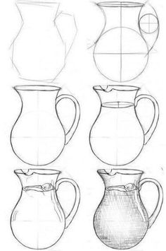 four different types of pitchers and jugs are shown in this drawing lesson for beginners