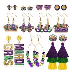 the mardi gras earrings are all different colors