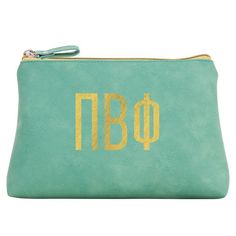 a green purse with gold letters on it