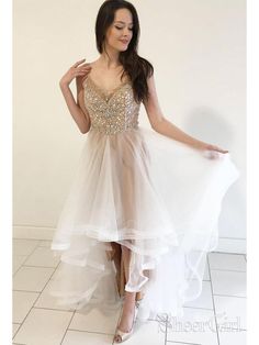 High Low Organza Beaded Prom Dresses Elegant Shiny Formal Evening Dress ARD1533-SheerGirl Beaded Prom Dresses, Custom Made Prom Dress, Prom Dresses Elegant, High Low Prom Dresses, Graduation Gown, Tulle Homecoming Dress, V Neck Prom Dresses, Beaded Tulle, Formal Evening Dress