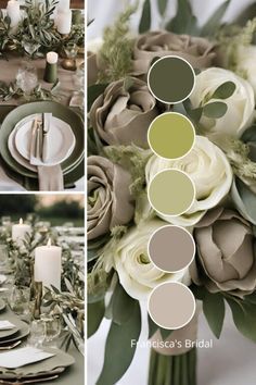 the table is set with white and green flowers, greenery, candles and plates