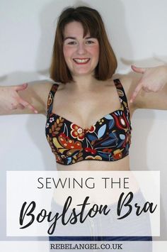 a woman with her arms out and the words sewing the boyfriend bra over her chest