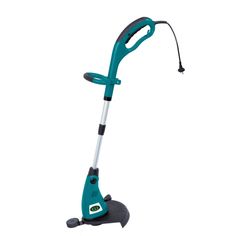 an electric lawn mower with the handle extended and nozzles on it's head