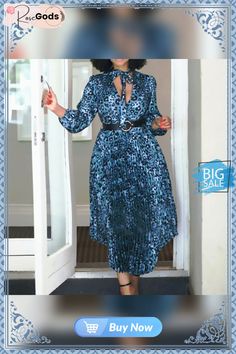 Long Sleeve Printed V-neck Pleated Dress Chic Split Neck Fall Dresses, Chic Split Neck Dresses For Fall, Pleated V-neck Long Sleeve Dress For Spring, Spring V-neck Pleated Sleeves Midi Dress, Dressy V-neck Pleated Midi Dress, Pleated V-neck Midi Dress In Viscose, Vibrant Print V-neck Blue Midi Dress, Pleated Dress, V Neck