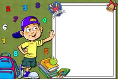 a young boy standing in front of a white board with numbers and school supplies on it