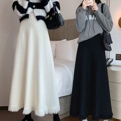 High Waist Long Knitted Skirt For Women 2023 Autumn Winter Warm Korean Y2k Simple Solid A Line Long Knitted Skirt, Korean Y2k, White Long Skirt, Knitted Skirt, Winter Inspo, Skirt For Women, 2023 Autumn, Knit Skirt, Office Ladies