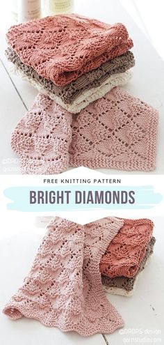 three knitted blankets with text that reads free knitting pattern bright diamonds