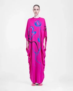 Be bold and daring in a fuchsia pink cocoon kaftan dress, featuring a silky fabric with a hand-painted abstract pattern. So soft and loose, it creates ultimate comfort, perfect for stand out from the crowd. Luxury Pink Kaftan For Beach Cover-up, Pink Silk Maxi-length Kaftan, Vibrant Print V-neck Kaftan For Beach Cover-up, Pink Floral Print Kaftan For Beach Cover-up, Silk Floral Print Kaftan For Beach Cover-up, Kaftan Dress, Abstract Pattern, Pink, Fabric