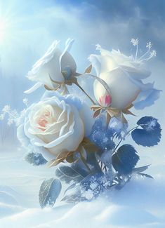 two white roses are in the snow with blue sky and sun shining behind them,