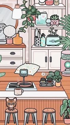 a kitchen filled with lots of potted plants next to a stove and counter top