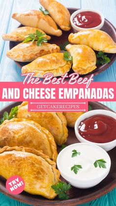 the best beef and cheese empanadas are on this plate with dipping sauce