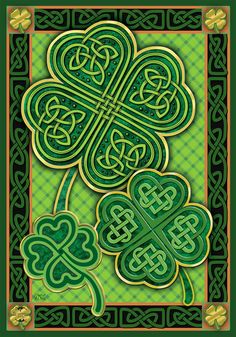 four leaf clovers on a green and yellow plaid background with celtic knots in the center