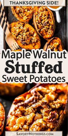 maple walnut stuffed sweet potatoes with text overlay