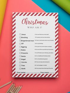 a printable christmas who am i? question card next to matches and other items