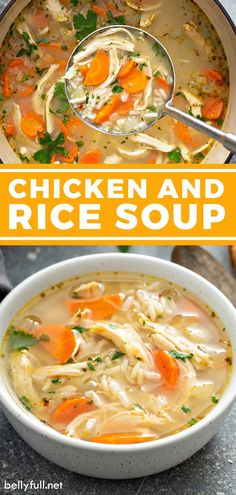 chicken and rice soup in a white bowl