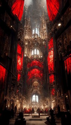 the interior of a cathedral with red curtains