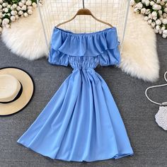 Lovely Off Shoulder Light Blue Short Women dress, Blue Dress Short Casual, Blue Mini Dress For Beach, Blue Solid Color Mini Dress For Beach, Non-stretch Solid Color Summer Dress, Solid Color Non-stretch Summer Dress, Blue Mini Dress For The Beach, Blue Solid Color Dress For Vacation, Blue Non-stretch A-line Dress, Light Blue Solid Color Summer Dress