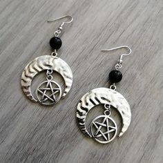 Onyx Pentacle Crescent Moon Silver Earrings For Sale | Green Witch Creations Wicca Healing, Magic Protection, Pagan Magic, Celestial Gifts, Crescent Moon Earrings, Gothic Earrings, Witch Jewelry, Rainbow Quartz, Crystal Magic