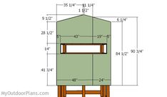 a wooden tower with measurements for the top and bottom part, including an upper section