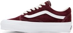 Low-top suede sneakers in burgundy. · Lace-up closure · Padded collar · Logo appliqués at sides · Rubber logo patch at heel · Partial grained leather and canvas lining · Textured rubber midsole · Treaded rubber sole · Contrast stitching in white Part of the OTW collection. Supplier color: Pig suede port royale Burgundy Vans, Leather And Canvas, Burgundy Lace, Vans Shop, Vans Sneakers, Pig Skin, Suede Sneakers, Sneaker Collection, Black Laces