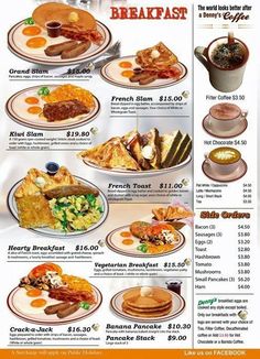 the menu for breakfast is shown in orange and white colors, including eggs, pancakes, hashbrowns, coffee